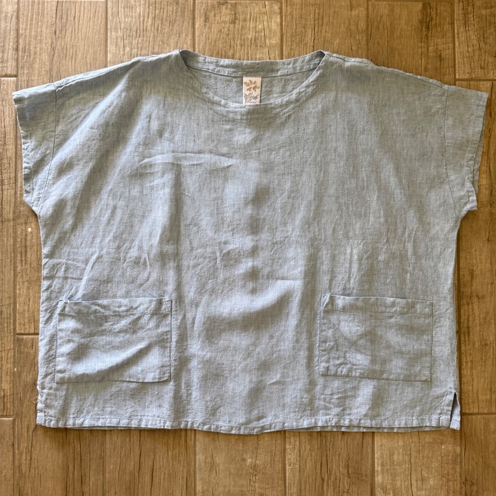 Match Point  XL Light Blue 100% Linen Boxy Short Sleeve Pocket Top YDT727 USA